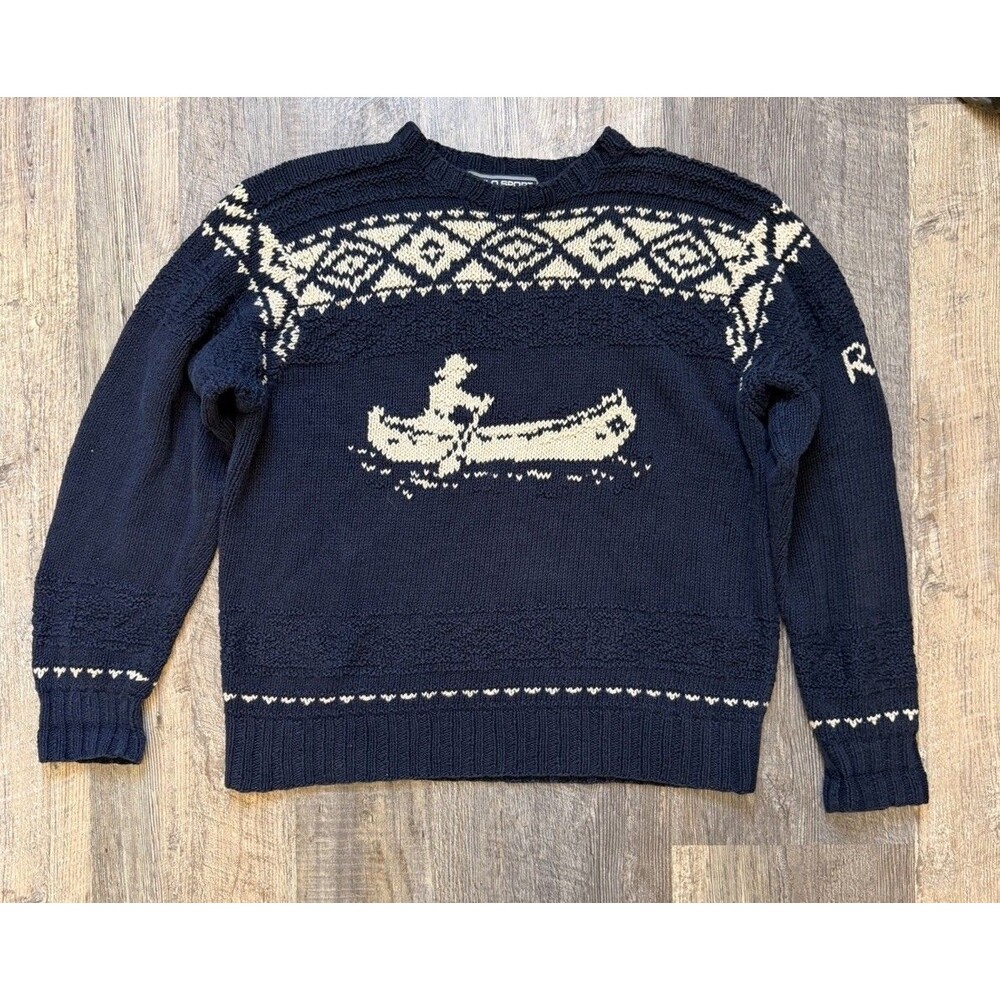 Vintage ‘92 Polo Ralph Lauren SPORTSMAN CANOE MAN Fishing Country Knit Sweater L